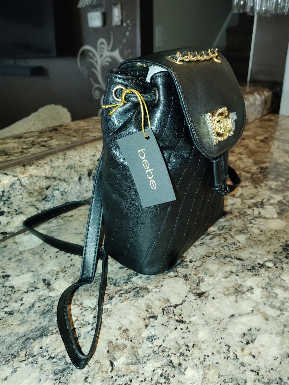 bebe Black Quilted Backpack with Gold Chain Accent. Brand New With Tags - Picture 3 of 7
